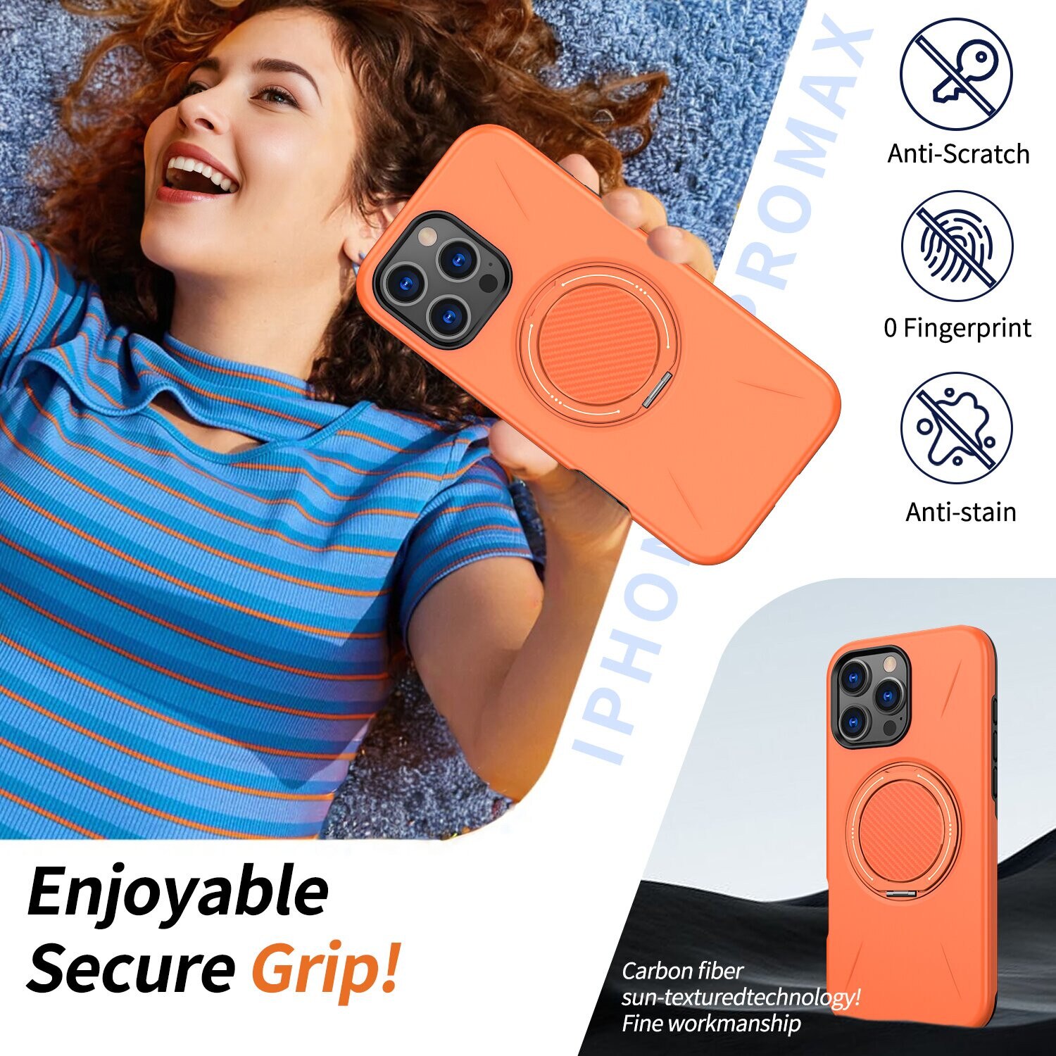 Husa de Protectie MagSafe pentru iPhone 16 Pro, Suport Rotativ 360° din Aliaj, Compatibila cu Incarcare Wireless si Suport Auto, Design Anti-Soc, Margini Ridicate, Portocaliu