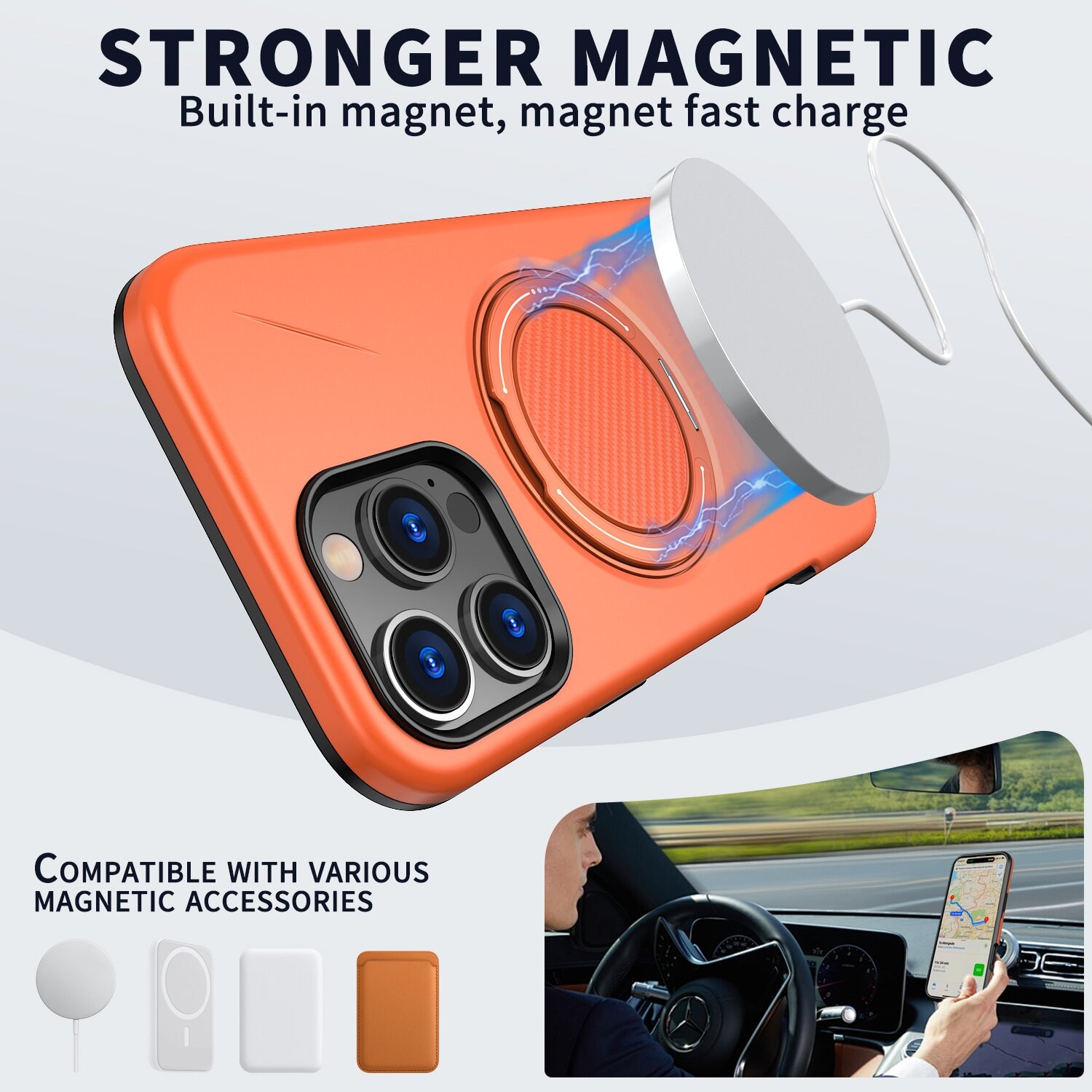Husa de Protectie MagSafe pentru iPhone 16 Pro, Suport Rotativ 360° din Aliaj, Compatibila cu Incarcare Wireless si Suport Auto, Design Anti-Soc, Margini Ridicate, Portocaliu