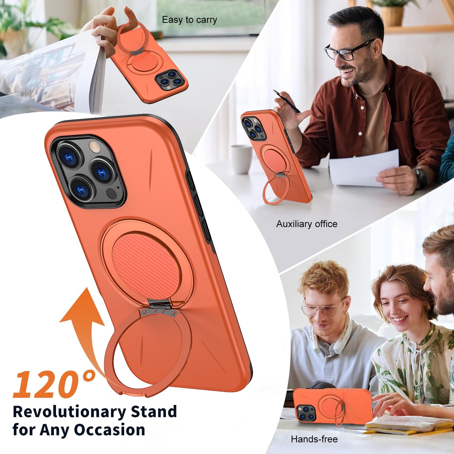 Husa de Protectie MagSafe pentru iPhone 16 Pro, Suport Rotativ 360° din Aliaj, Compatibila cu Incarcare Wireless si Suport Auto, Design Anti-Soc, Margini Ridicate, Portocaliu