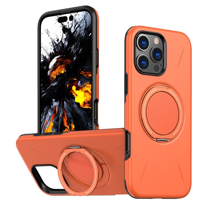 Husa de Protectie MagSafe pentru iPhone 16 Pro, Suport Rotativ 360° din Aliaj, Compatibila cu Incarcare Wireless si Suport Auto, Design Anti-Soc, Margini Ridicate, Portocaliu