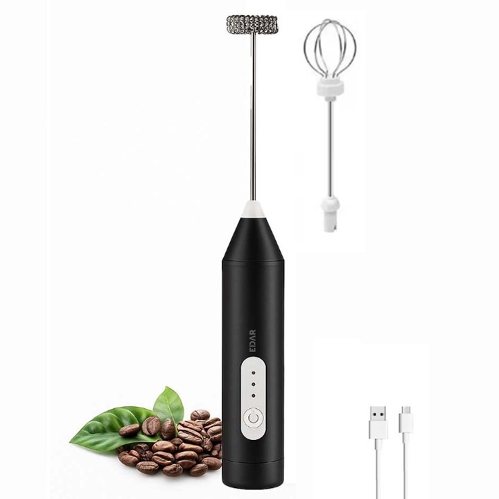 Spumator De Lapte EDAR, Accesorii Spumare Lapte Si Pentru Baterea Oualor Incluse, Cablu USB, Pentru Cafea/Cappuccino/Latte, Negru