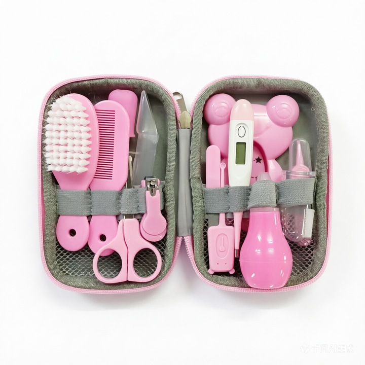 Bébiápoló készlet, COBIREY, 13 az 1-ben szett, EVA anyag, Biztonságos csecsemőápolás, Bölcsődei ápolás, Fésű, Kefe, Körömolló, Orrszívó, rózsaszín