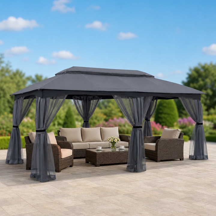 Foisor De Gradina, TOPSCAUNE®, 3.05x6.10 m, Foisor Exterior Cu Cadru Din Otel, Pavilion Cu Plasa Tantari Si Acoperis Dublu Ventilat, Foisor Pentru Curte Terasa Gazon, Structura Solida Rezistenta, Protectie UV si Impermeabila, Design Elegant Premium, Gri