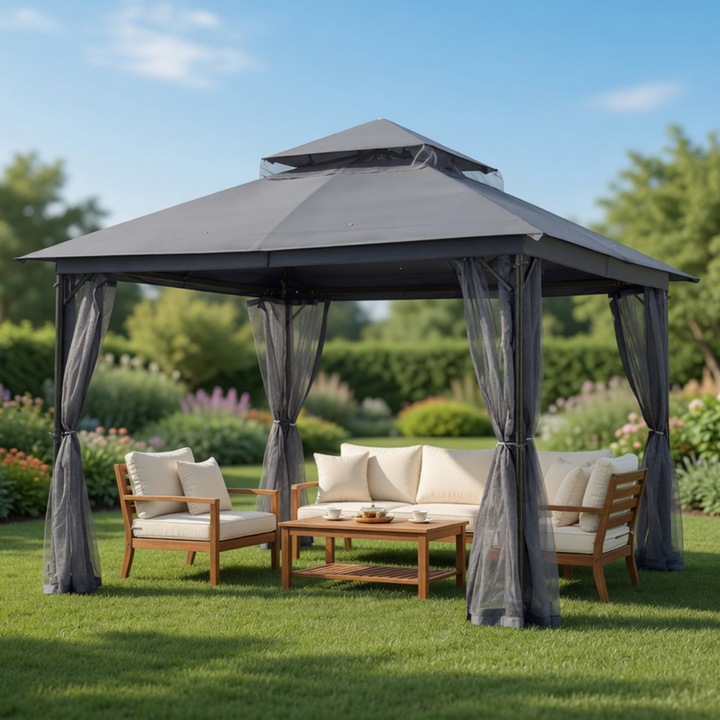 Foisor De Gradina, TOPSCAUNE®, 3.3x3.9 m, Foisor Exterior Cu Cadru Din Otel Si Plasa Tantari, Pavilion Cu Acoperis Impermeabil Si Protectie UV, Foisor Pentru Curte Terasa Gazon, Structura Solida Rezistenta, Design Modern Premium, Gri