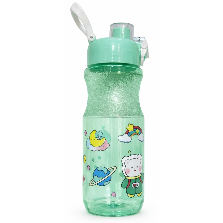 Sticla apa copii cu capac flip-top si design animat, BPA Free, Usor de transportat, 500 ml, Verde
