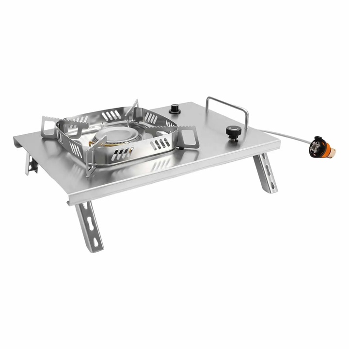 Aragaz de camping, Plita portabila, Arzatoare reglabile, Masa pliabila, Cadru metalic, Pentru autorulota, drumetii, gratar