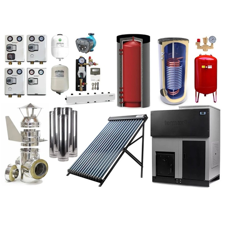 Pachet Max Confort - Colector solar cu 24 tuburi vidate echipate cu heat-pipe, control temperatura, Termax Solar, Grup pompare HERZ, Automatizare SR208C Wi-Fi, Vas expansiune solar 12 litri, Centrala peleti Termax Eco Gri 50 kW