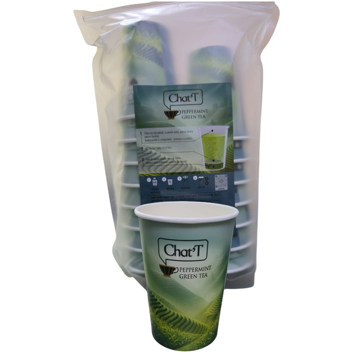 Ceai verde Chat'T Peppermint, cu menta, 2in1, Pahar cu filtru, 400 ml, infuzie 3g/pahar, 16 buc/set