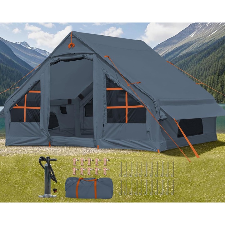 Cort gonflabil DanCoom pentru 2/4 persoane, cort de camping tip „casa cu aer”, include prelata de ploaie, montare usoara, cort gonflabil mare pentru camping in aer liber, cort de glamping cu veranda spatioasa