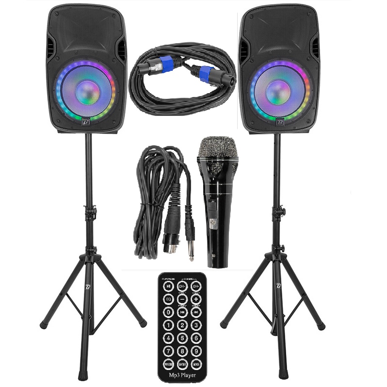 Set boxe BoomTone DJ 2x12" activ + pasiv, 500W, USB/SD/BT, cu 2 stative, 580x378x295mm