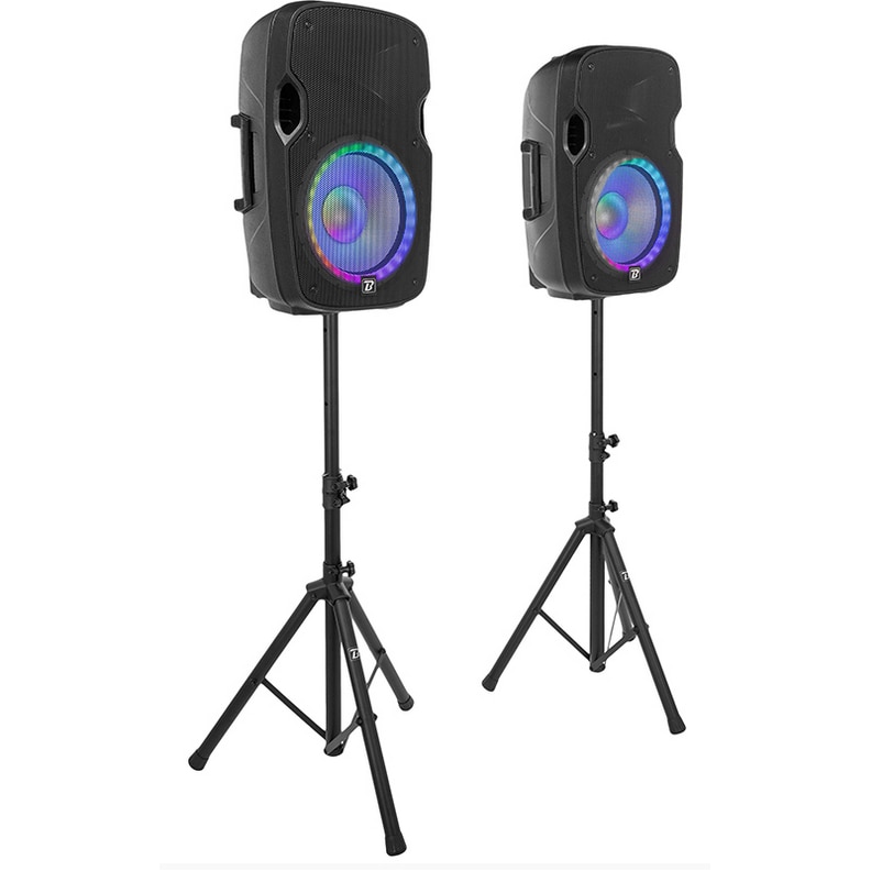 Set boxe BoomTone DJ 2x12" activ + pasiv, 500W, USB/SD/BT, cu 2 stative, 580x378x295mm