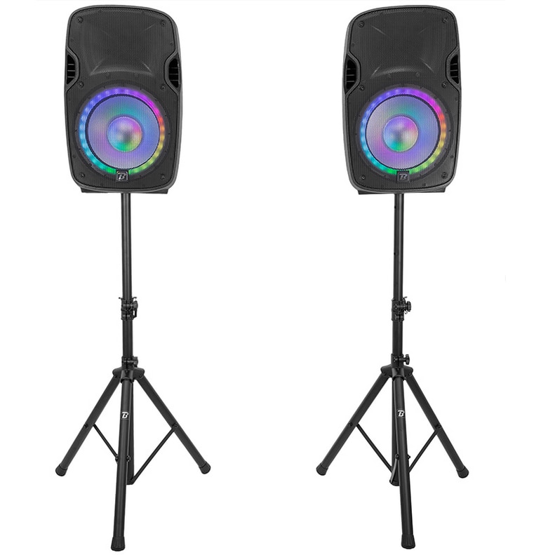 Set boxe BoomTone DJ 2x12" activ + pasiv, 500W, USB/SD/BT, cu 2 stative, 580x378x295mm