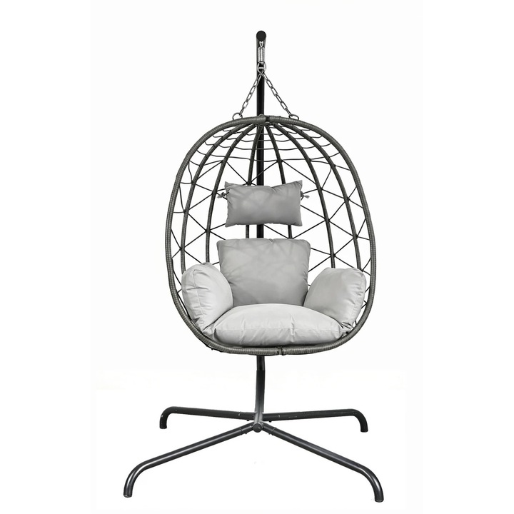 Leagan Suspendat, TOPSCAUNE®, Fotoliu Leagan Tip Ou Cu Perne Moi, Leagan Suspendat Cu Cos Pliabil Si Ratan PE, Fotoliu Leagan Cu Structura Metalica Si Rezistenta UV, Pentru Interior Si Exterior, Balansoar Confortabil Si Stabil, Gri