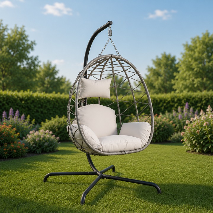 Leagan Suspendat, TOPSCAUNE®, Fotoliu Leagan Tip Ou Cu Perne Moi, Leagan Suspendat Cu Cos Pliabil Si Ratan PE, Fotoliu Leagan Cu Structura Metalica Si Rezistenta UV, Pentru Interior Si Exterior, Balansoar Confortabil Si Stabil, Gri
