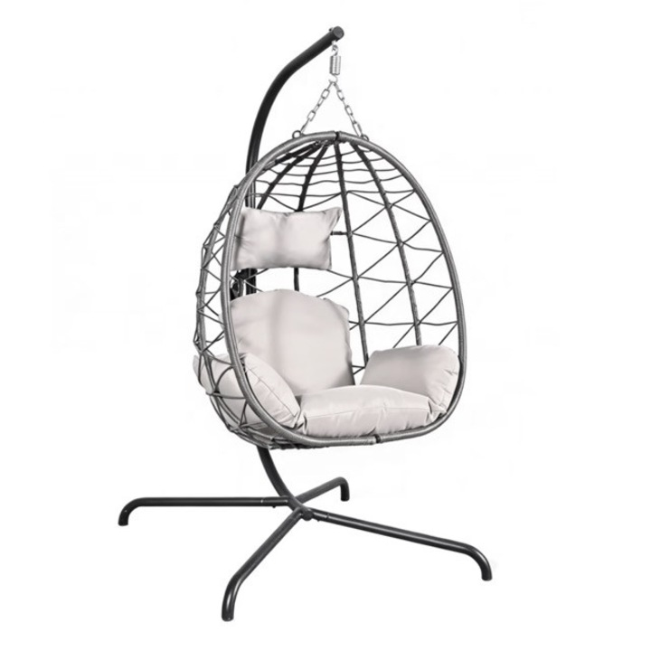 Leagan Suspendat, TOPSCAUNE®, Fotoliu Leagan Tip Ou Cu Perne Moi, Leagan Suspendat Cu Cos Pliabil Si Ratan PE, Fotoliu Leagan Cu Structura Metalica Si Rezistenta UV, Pentru Interior Si Exterior, Balansoar Confortabil Si Stabil, Gri
