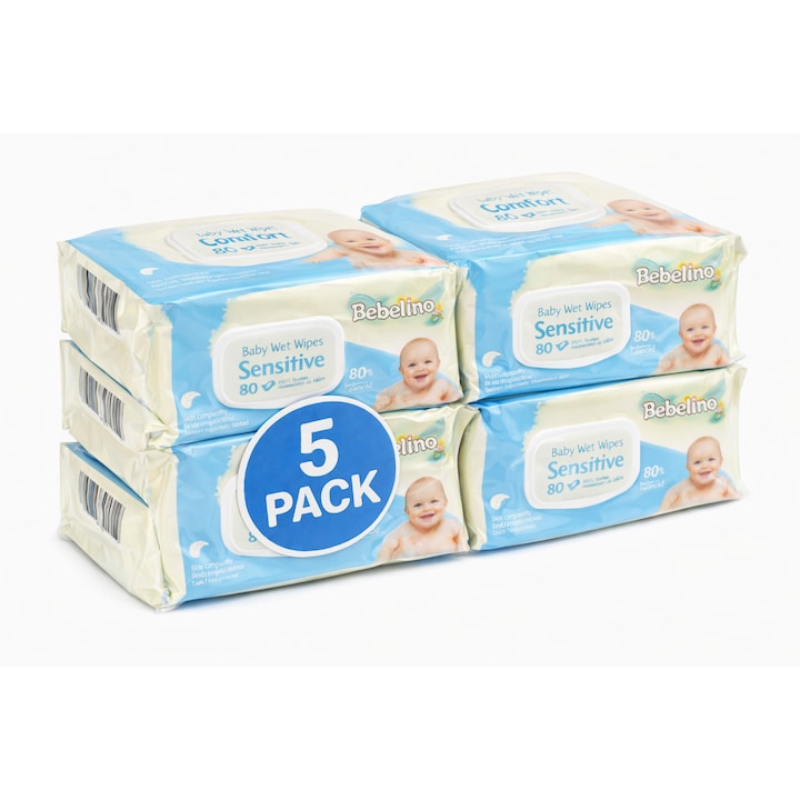Servetele umede Bebelino Sensitive, set 5x80 bucati, 100% biodegradabile, pentru piele sensibila