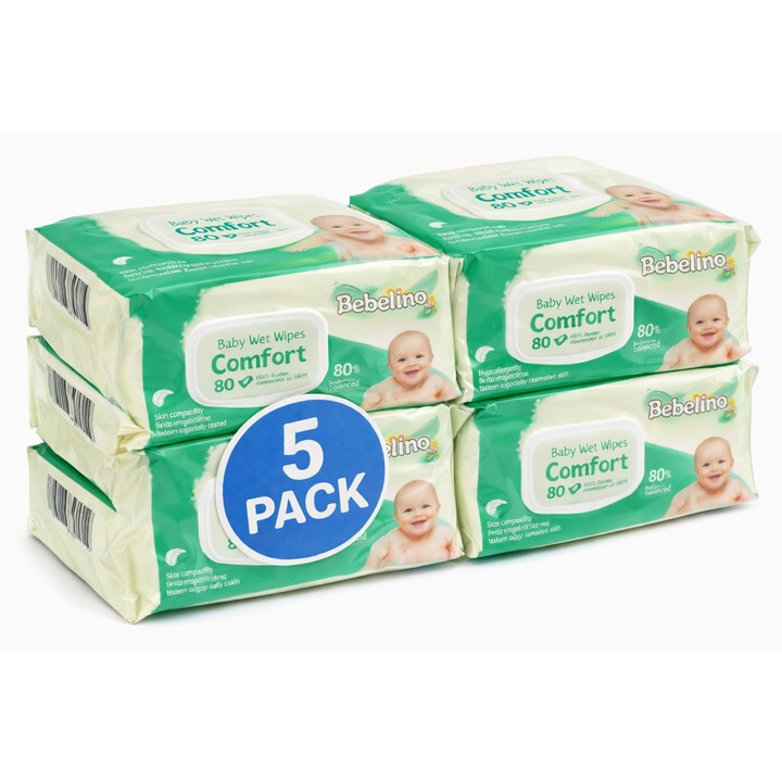 Servetele umede Bebelino Comfort, 5 pachete x 80 bucati, 100% biodegradabile, pH-neutru, fara alcool