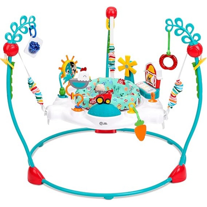 Baby Einstein Farm Explorers Jump & Learn Barnyard 2-in-1 – jumper pentru 6–12 luni cu jucarii interactive, muzica, lumini si sunete