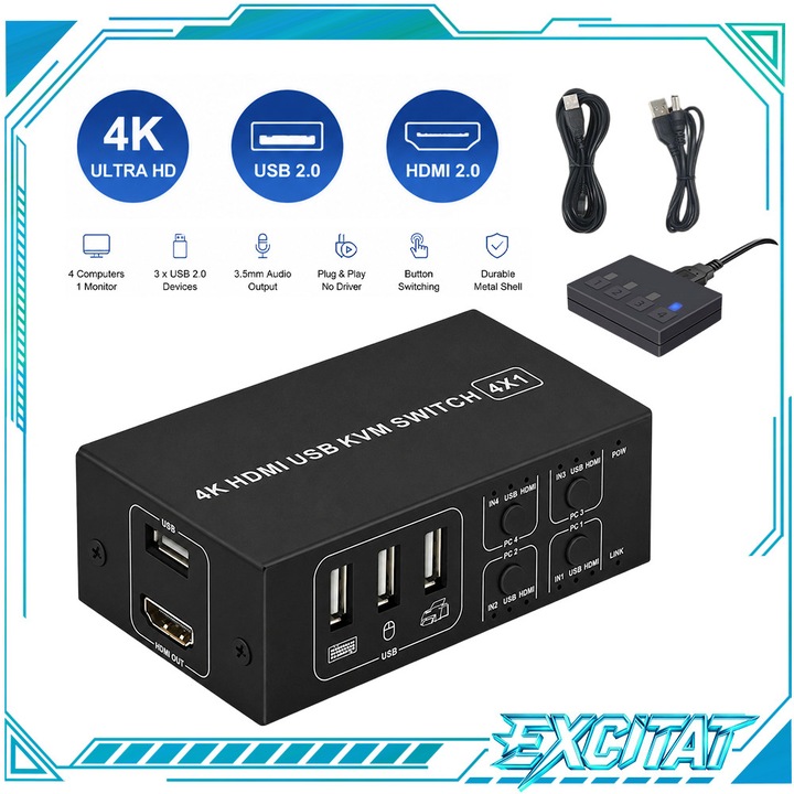 KVM HDMI kapcsoló, Excitat®, 4K@60Hz USB kapcsoló 4 bemenettel, 1 HDMI 2.0 kimenettel és 3 KVM USB porttal, Plug and play, Nincs késleltetés, Fém ház, Fekete