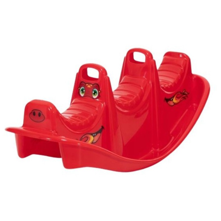 Balansoar pentru copii Dohany Rosu cu manere de sustinere, utilizare interior/exterior, pentru 1,2 sau 3 copii, realizat din plastic rezistent