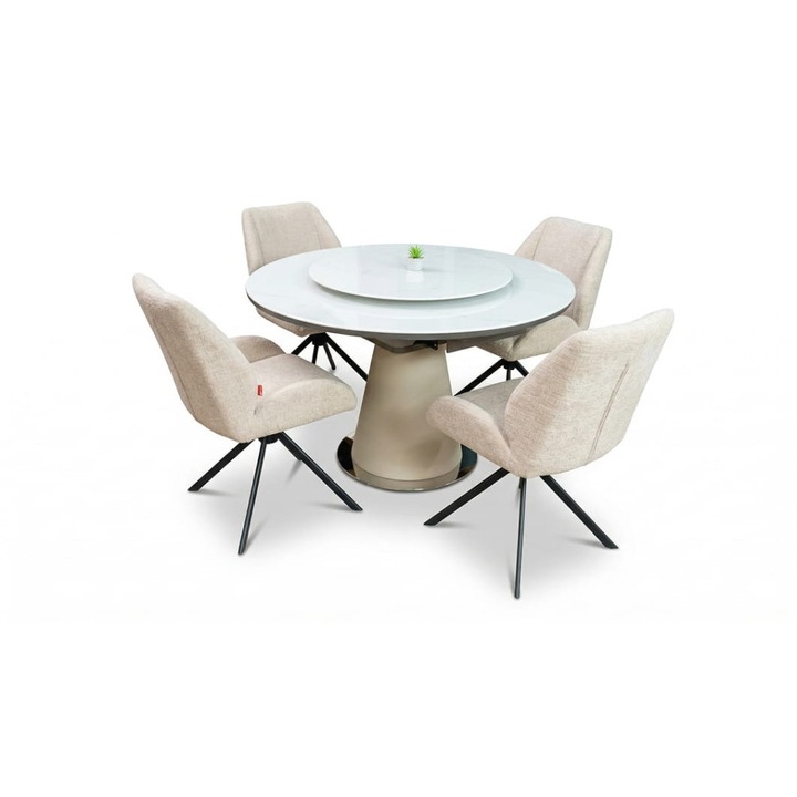 Set Masa Living Extensibila CT163 Blat Ceramic Alb cu 4 Scaune Rotative KJC4347 Bej