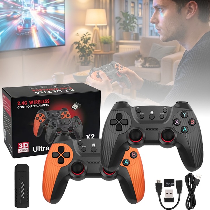 Set Consola jocuri tip stick Wacorresi®, Consola de jocuri retro, Suport 2 jucatori, Cu 2 controler wireless, iesire HDMI 4K, 128G, 40000 de jocuri incorporate, erare usoara si de transportat, Plug si Play, Pentru TV, Proiector, Monitor