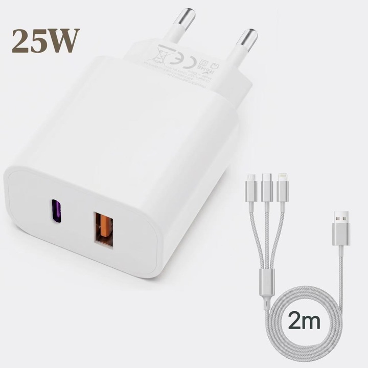 GaN Töltő Szett 25W, DroolingDog®, Szuper Gyors Töltés, USB-C & USB-A, 3 az 1-ben Kábellel (Lightning, USB-C, Micro) Nylon 2m, Kompatibilis iPhone 16/15/14/13/11, Samsung S24/S23, Huawei, Fehér