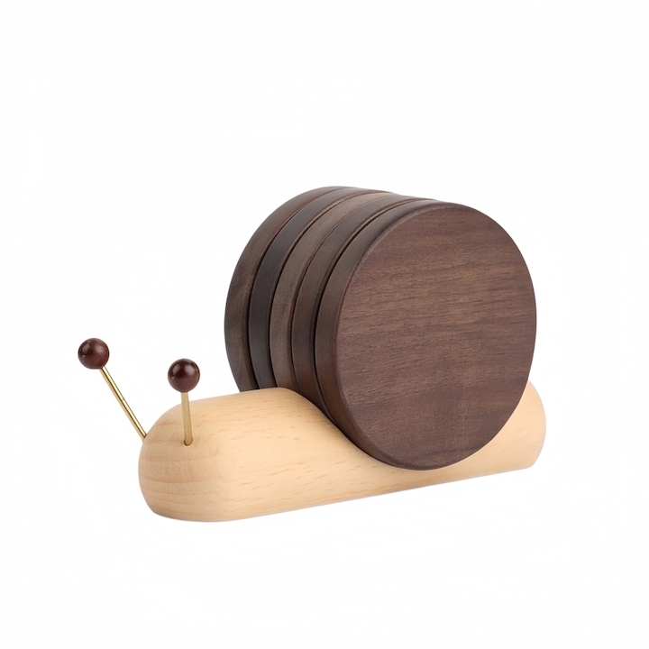 Set 5 suporturi pentru bauturi din nuc, design melc, 6.8cm, rezistente la caldura
