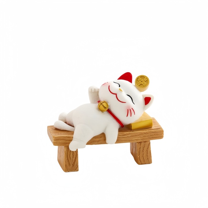 Figurina Maneki-neko din rasina, design 'Lying Back and Winning', pentru birou si acasa