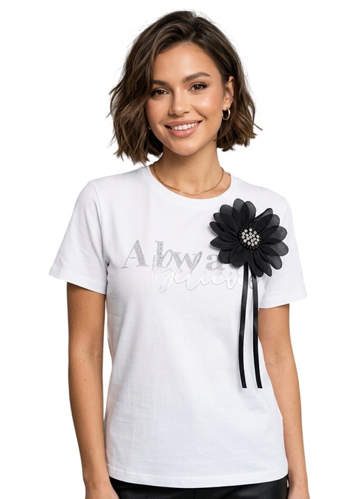 Tricou dama bumbac floare aplicata strasuri alb/negru/argintiu set M/L