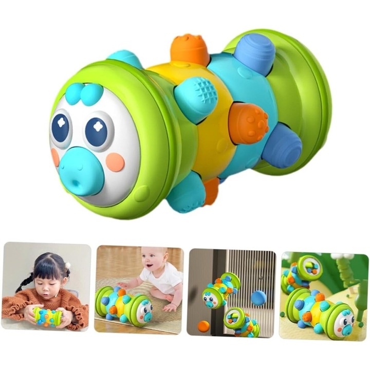 Jucarie Interactiva Bebelusi Omida Rolling Caterpillar, Zornaitoare cu Sunete, Texturi Sensoriale, Butoane si Role pentru Rostogolire, Dezvolta Abilitati Motorii Fine, Coordonare si Auz, Pentru Bebelusi de la 0 la 18 Luni, 14x7 cm