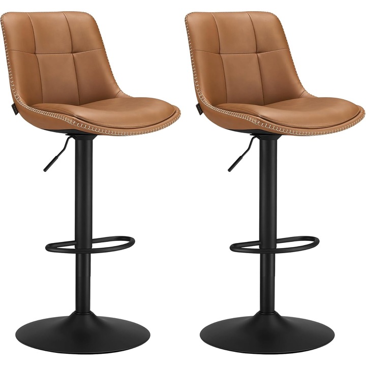 Set 2 scaune bar rotative 360°, Brius, tapiterie PU, cadru metalic, 44x30x90-112 cm, maro caramel