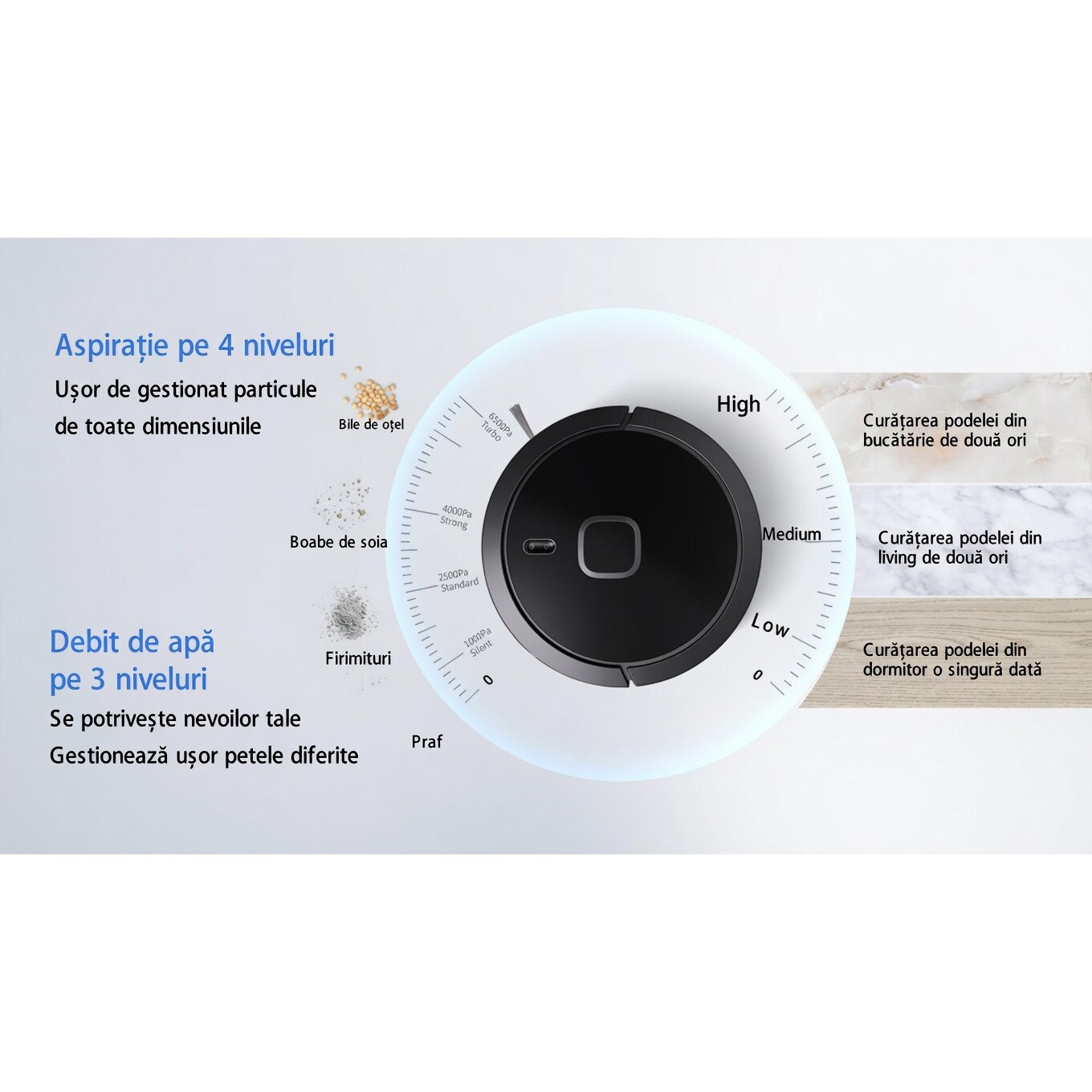 Aspirator robot NexHome, model Valerio Smart, 3000 Pa, navigatie LiDAR, functie mopare, set complet, negru, 350x98mm