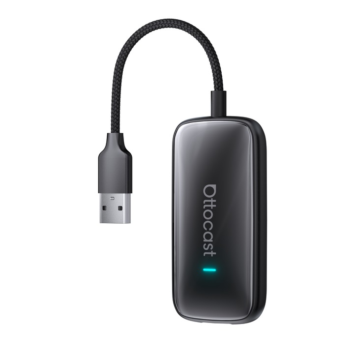 Ottocast CA515-T vezeték nélküli adapter, CarPlay Auto, All-in-One & Android, Play2Video Ultra, Plug & Play autós streaming eszköz, Fekete