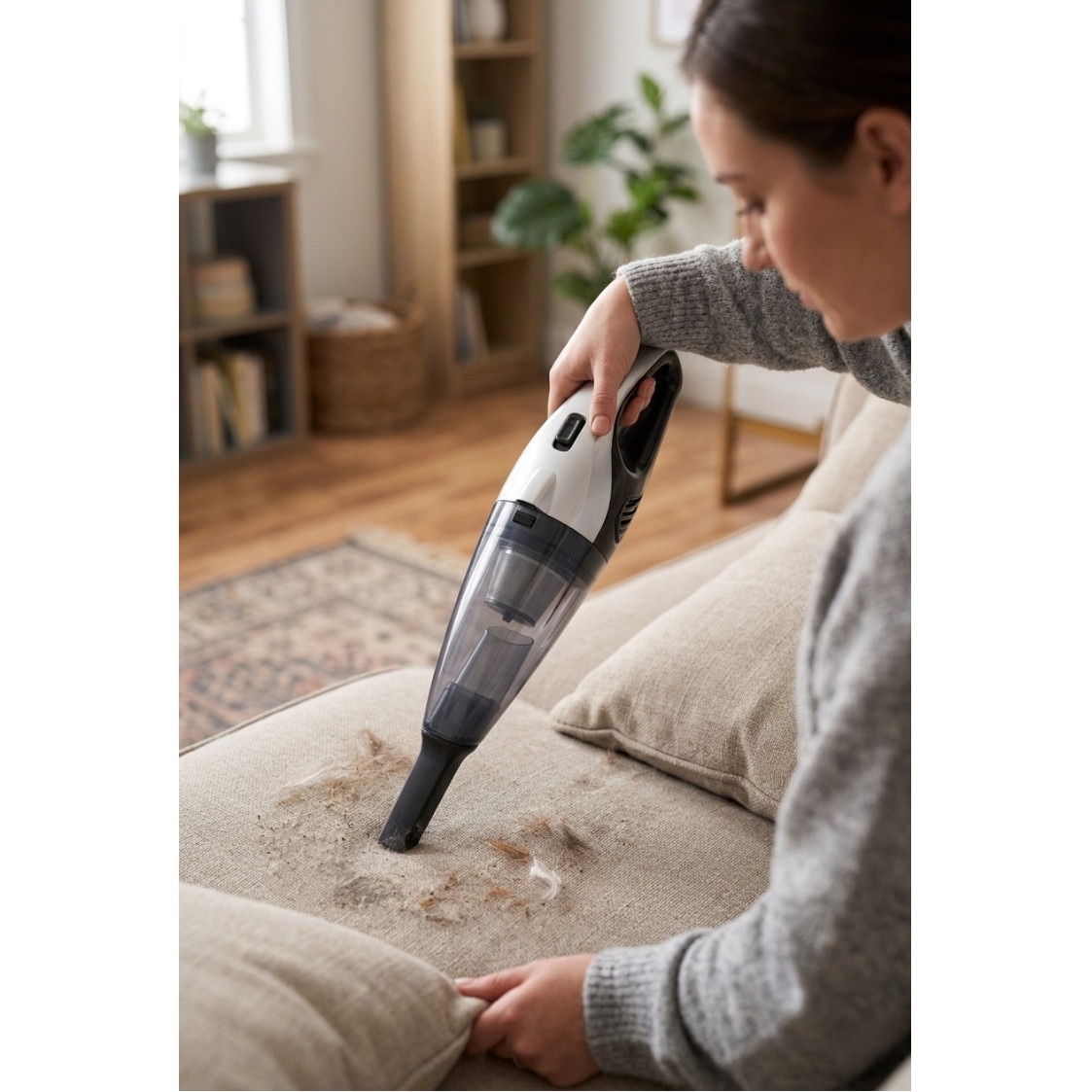 Aspirator de mână cu acumulator, 150 W, capacitate 450 ml, filtrare HEPA, 37x10x11 cm, alb/negru