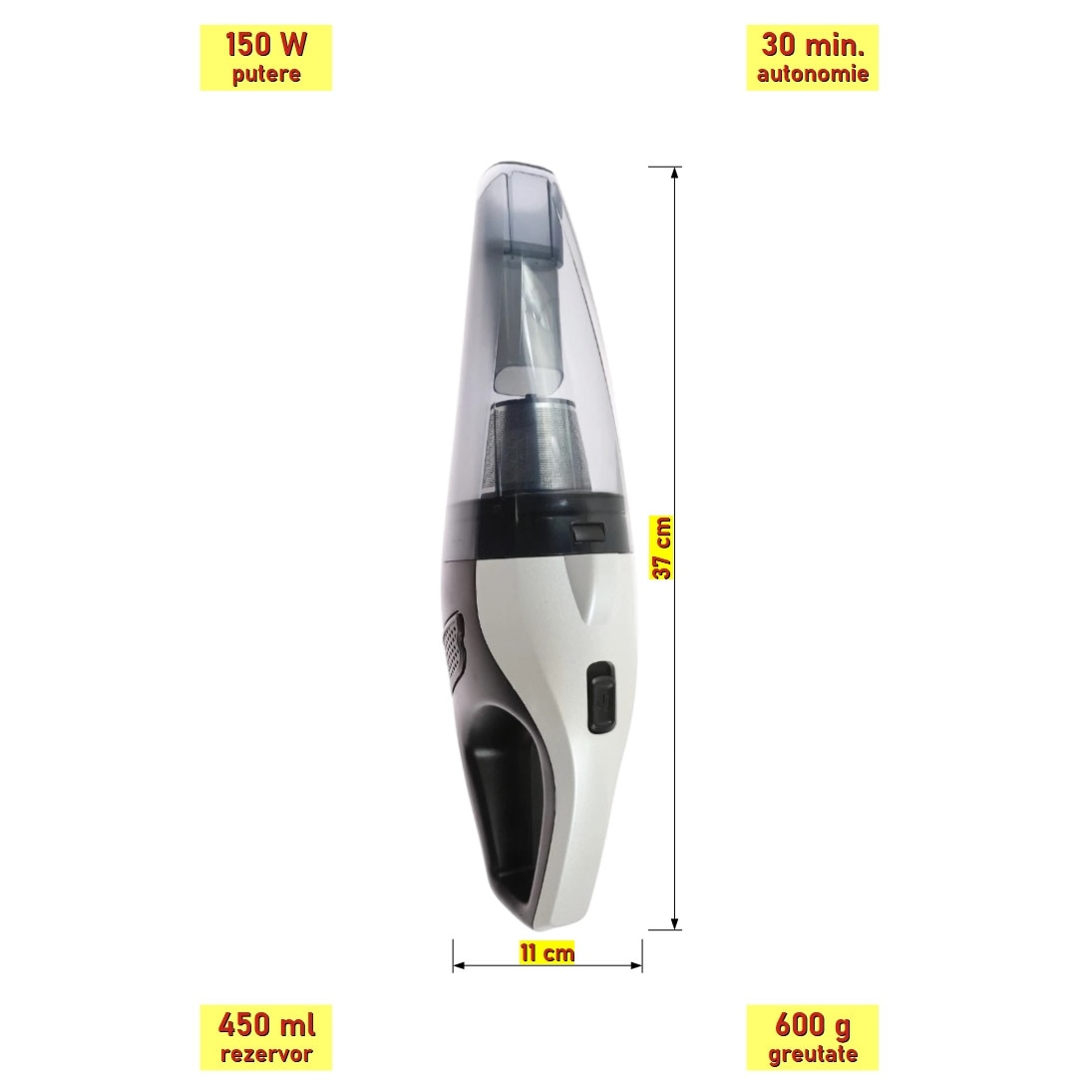 Aspirator de mână cu acumulator, 150 W, capacitate 450 ml, filtrare HEPA, 37x10x11 cm, alb/negru