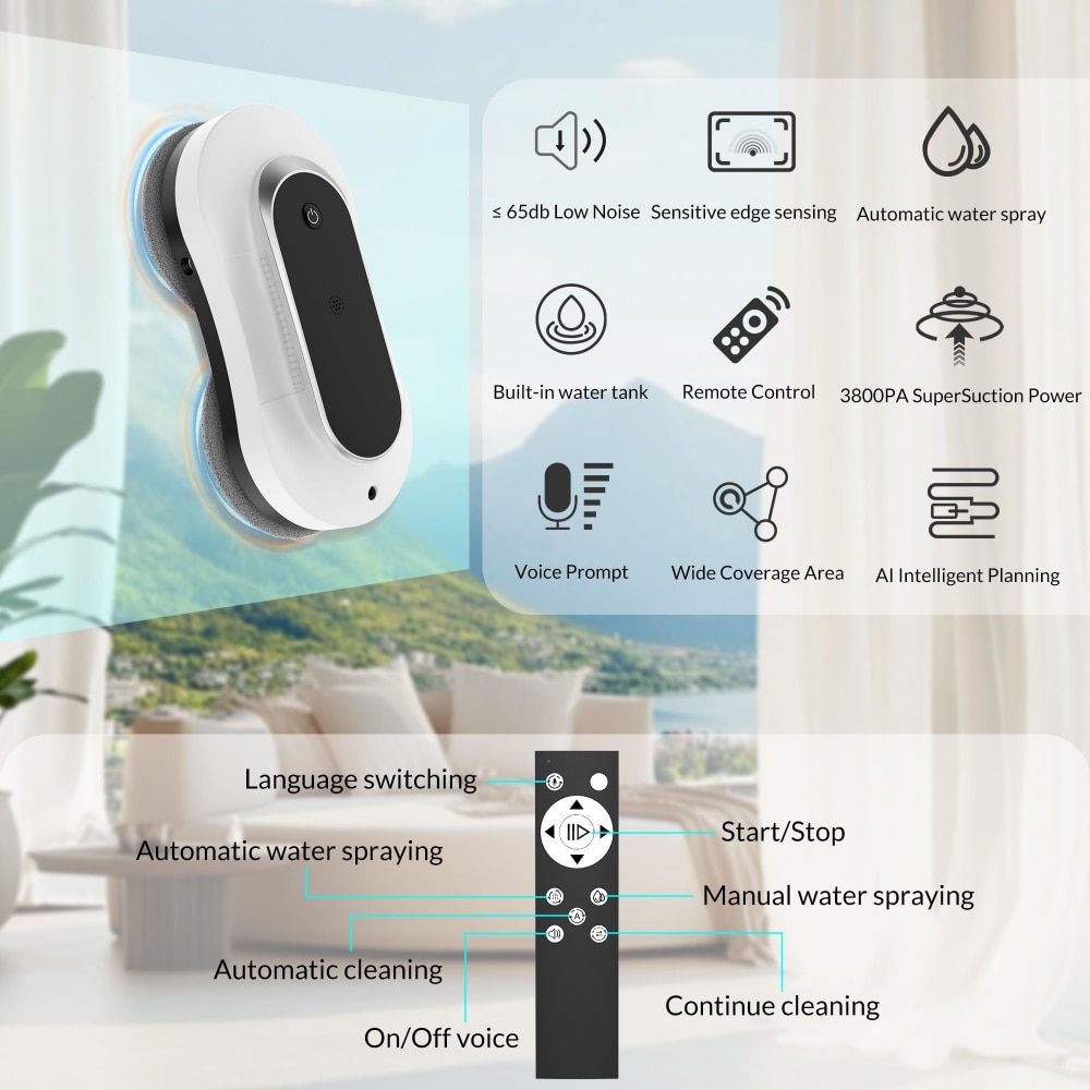 Robot de curatare a geamurilor cu pulverizare dubla de apa, putere de aspirare de 3000 Pa, detectare a marginilor, aplicatie si telecomanda, curatitor automat de geamuri pentru ferestre, gresie si usi de sticla
