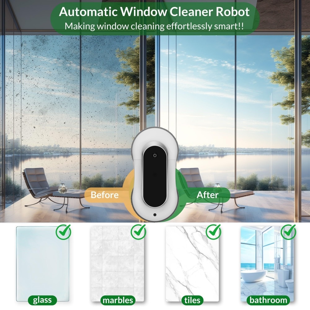 Robot de curatare a geamurilor cu pulverizare dubla de apa, putere de aspirare de 3000 Pa, detectare a marginilor, aplicatie si telecomanda, curatitor automat de geamuri pentru ferestre, gresie si usi de sticla