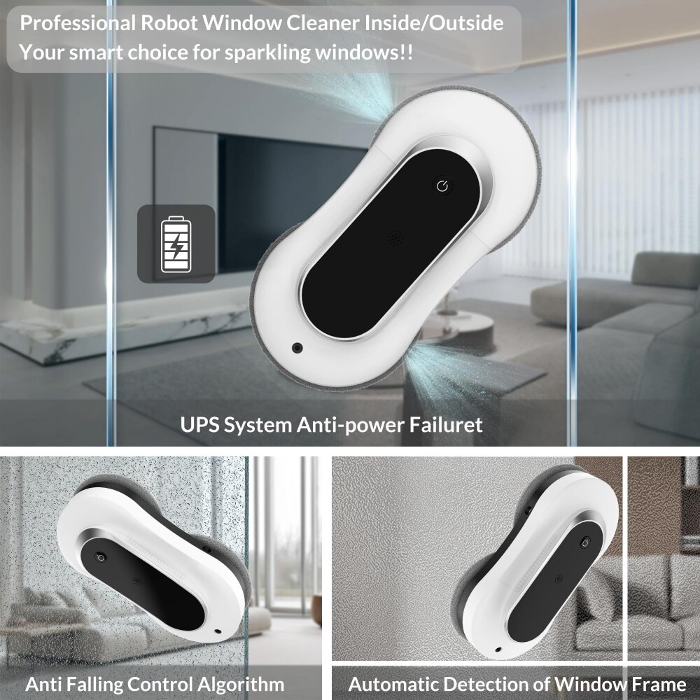 Robot de curatare a geamurilor cu pulverizare dubla de apa, putere de aspirare de 3000 Pa, detectare a marginilor, aplicatie si telecomanda, curatitor automat de geamuri pentru ferestre, gresie si usi de sticla