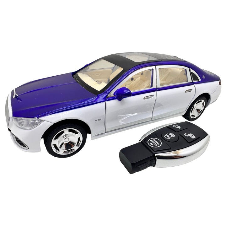 Mercedes Maybach S Class fém modell, kék-fehér, 1:24, távirányítós, elektromos ajtó-, motorháztető- és csomagtartó-nyitás, fények és hangok