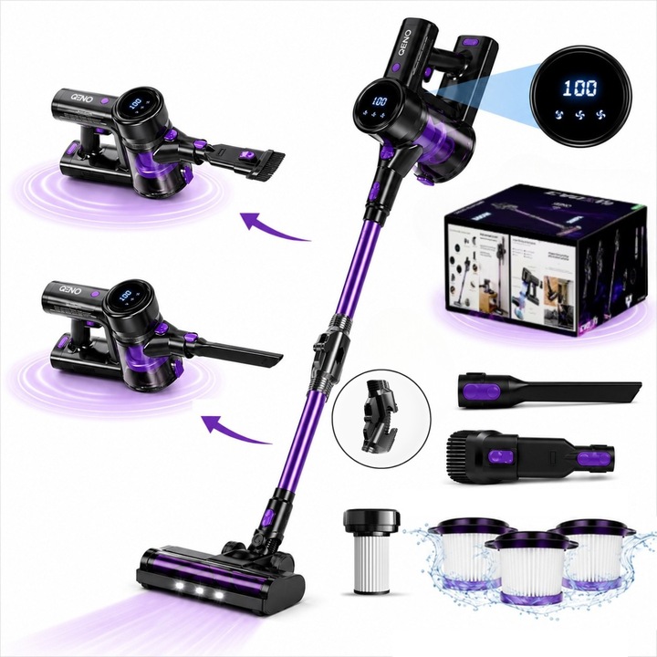 Aspirator Vertical Fara Fir Cu Brat Flexibil Qeno®️ Evox V10, Tehnologie V-Roller, 350W, 26000PA, 3x Trepte Viteza, 3x Filtru Hepa Incluse, Reincarcabil USB-C, Baterie 2500mAh, Capacitate Rezervor 700Ml, Autonomie +/-40 Min, Fara Sac, Praf, Par, Negru-Mov