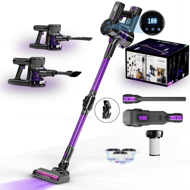 Aspirator Vertical Fara Fir Cu Brat Flexibil Qeno®️ Evox V10, Tehnologie V-Roller, 350W, 26000PA, 3x Trepte Viteza, 3x Filtru Hepa Incluse, Reincarcabil USB-C, Baterie 2500mAh, Capacitate Rezervor 700Ml, Autonomie +/-40 Min, Fara Sac, Praf, Par, Negru-Mov