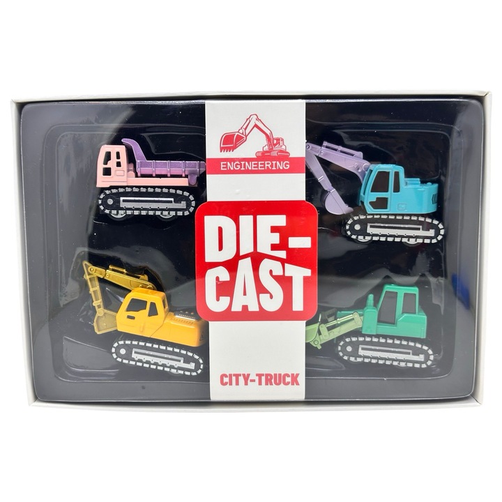 Set utilaje constructii 4 bucati machete metal excavator si basculanta jucarie copii