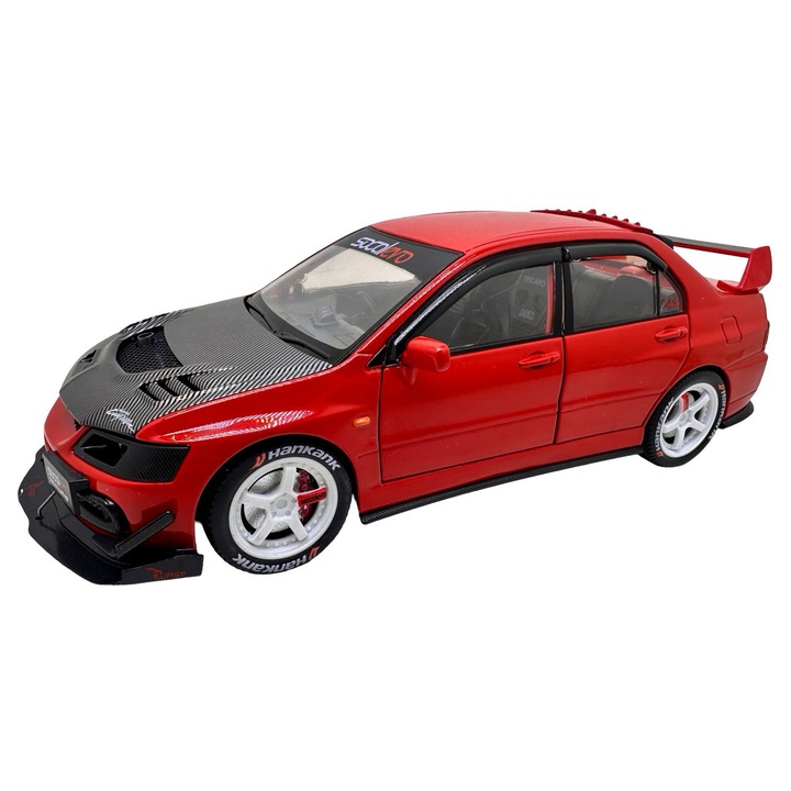 Mitsubishi Lancer Evo 9 piros modell 1:24 fém replika fényekkel és hangokkal, nyitható ajtók, motorháztető és csomagtartó