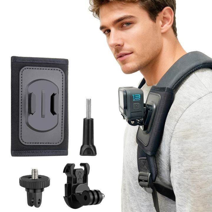 Hátizsák pánt tartó GoPro Hero 13 12 11 10 9-hez, kihangosító vállcsipesz tartó 360°-os alappal, kompatibilis az Insta360, Osmo Action 6 5 Pro 4 3-mal – Csúszásmentes POV tartó túrázáshoz, utazáshoz és vlogoláshoz