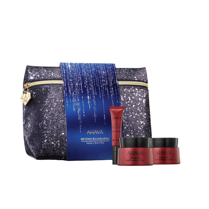 Set Ahava Apple-y Ever After, creme anti-rid pentru față și ochi, 50 ml + 50 ml masca de noapte, punguță textilă