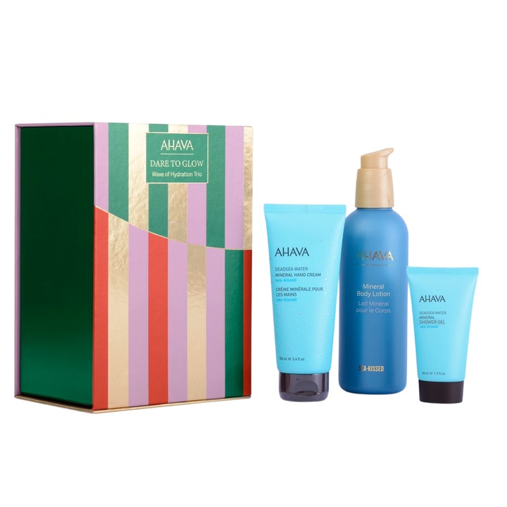 Személyes higiéniai termékkészlet, Ahava, tusfürdő 100 ml, kézkrém 40 ml, testápoló 250 ml, vegán, hidratáló, minden bőrtípusra