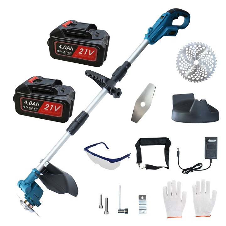 Masina de tuns iarba electrica UWOT, 21V, 600W, doua baterii, albastru-negru, diametru taiere 21 cm