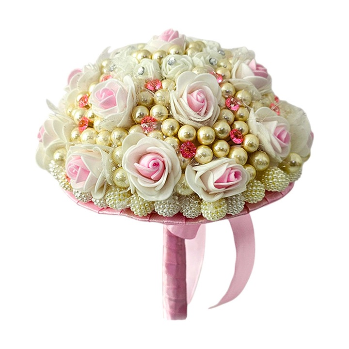 Buchet mireasa Royal Blush, trandafiri din spuma roz si alb, perle aurii, 25x20cm