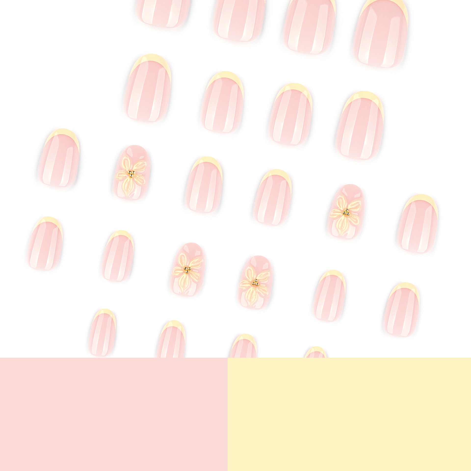 Set 24 unghii false JOSQUEWNN, rotunde scurte, design floral galben 3D ...